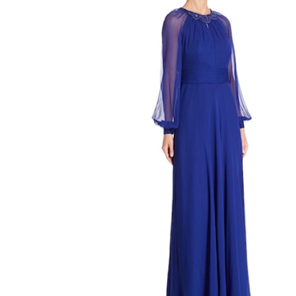 Teri Jon Blue Chiffon Long Sleeve Rhinestone Beading Gown SZ 2 NWT - Picture 1 of 8